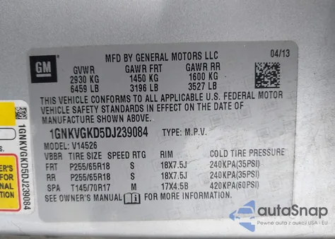 2013 Chevrolet Traverse 1Lt from USA, damaged, VIN 1GNKVGKD5DJ239084